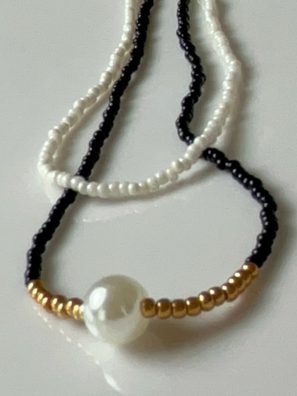 Pearl & Seed Bead Layered Necklace - Black, White & Gold